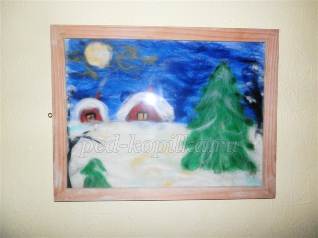 Картина из шерсти Ночь перед Рождеством. Подарок на Новый год