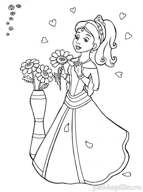 Принцесса с цветами. Раскраска