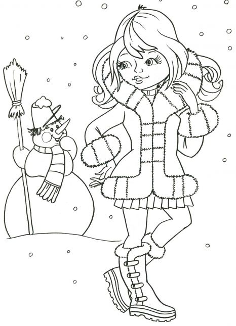 Раскраска. Снеговик и девочка