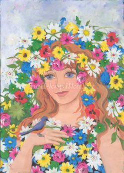Рисование сказочного образа Весны с использованием готового текстильного фона с флоральным рисунком. Мастер-класс с пошаговыми фото