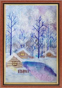Зимний пейзаж в нетрадиционной технике рисования «Деревня в лесу»