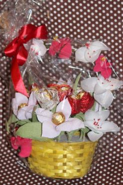 Мастер-класс по оформлению подарка с конфетами «Украшаем корзину капроновыми цветами» с пошаговым фото