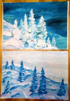 Рисование зимних пейзажей гуашью с детьми начальной школы. Пошаговый мастер-класс с фото