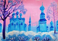 Рисование зимнего пейзажа с церковью с детьми 7-9 лет поэтапно с фото