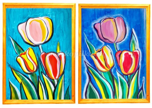 Как нарисовать тюльпаны гуашью. Рисуем цветы легко, поэтапно. Рисуем тюльпаны к 8 марта, легко.